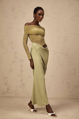 Iside Midi Dress Green Semi - sheer Off - shoulder & Tulle Detail