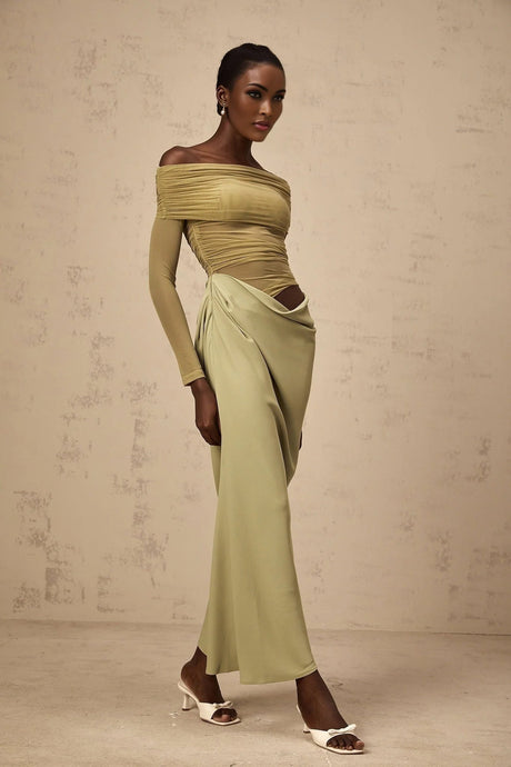 Iside Midi Dress Green Semi - sheer Off - shoulder & Tulle Detail
