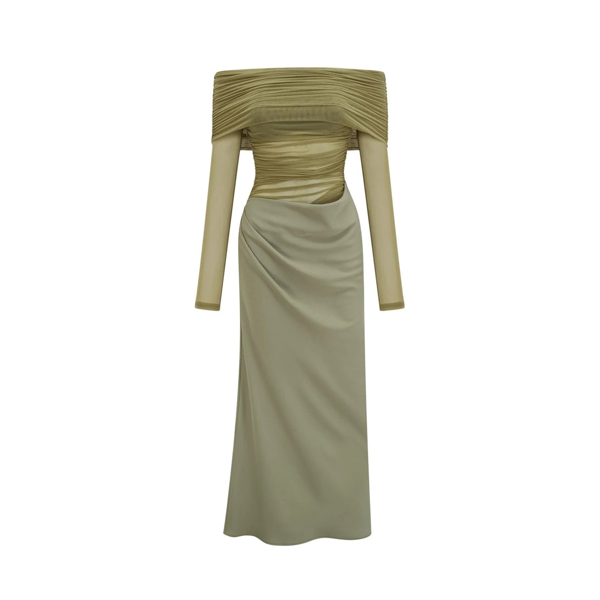 Iside Midi Dress Green Semi - sheer Off - shoulder & Tulle Detail