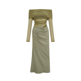 Iside Midi Dress Green Semi - sheer Off - shoulder & Tulle Detail