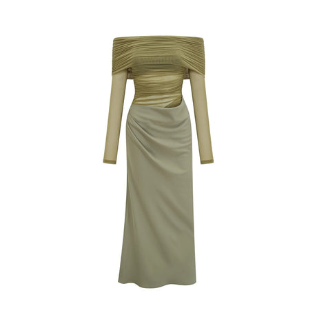 Iside Midi Dress Green Semi - sheer Off - shoulder & Tulle Detail
