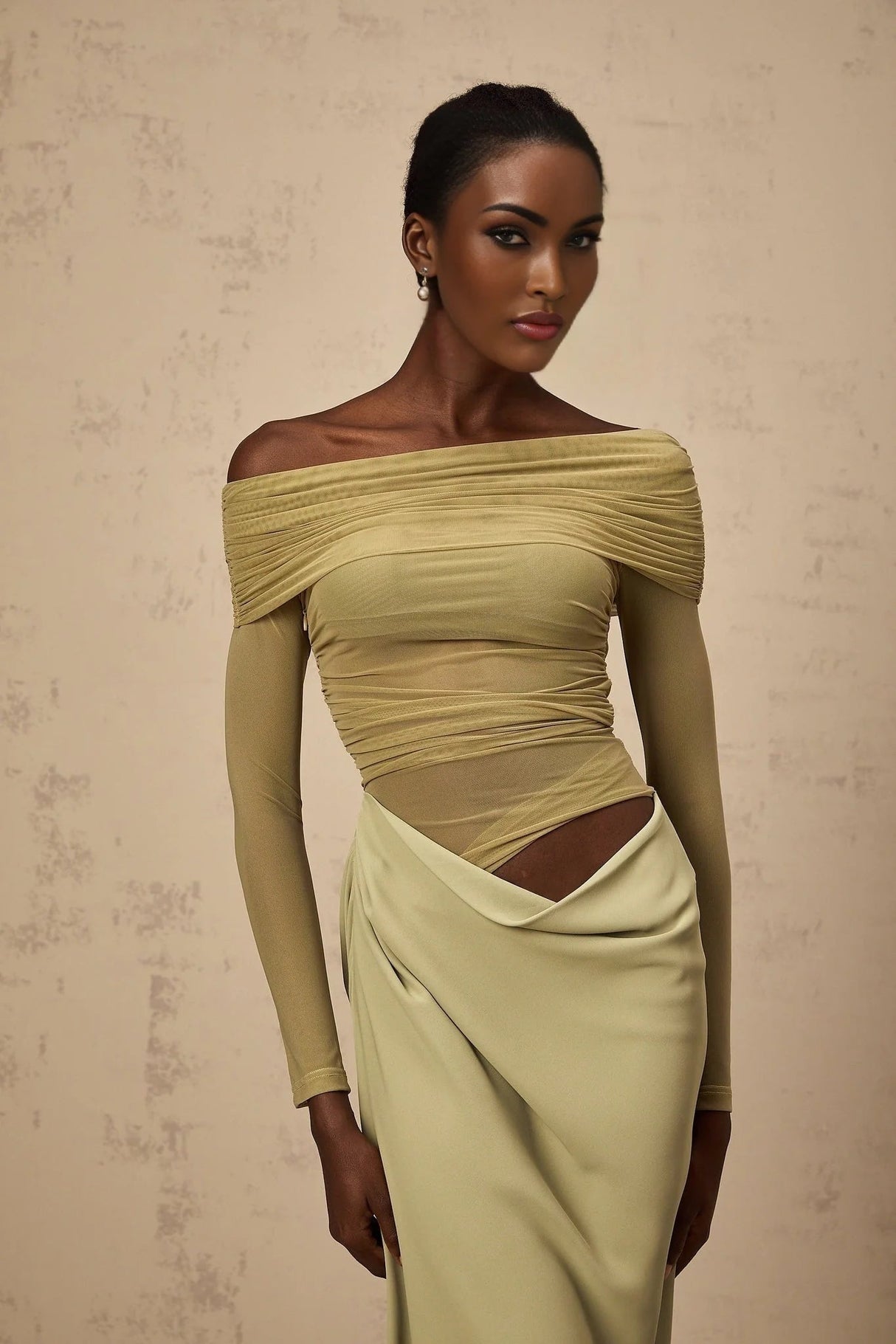 Iside Midi Dress Green Semi - sheer Off - shoulder & Tulle Detail