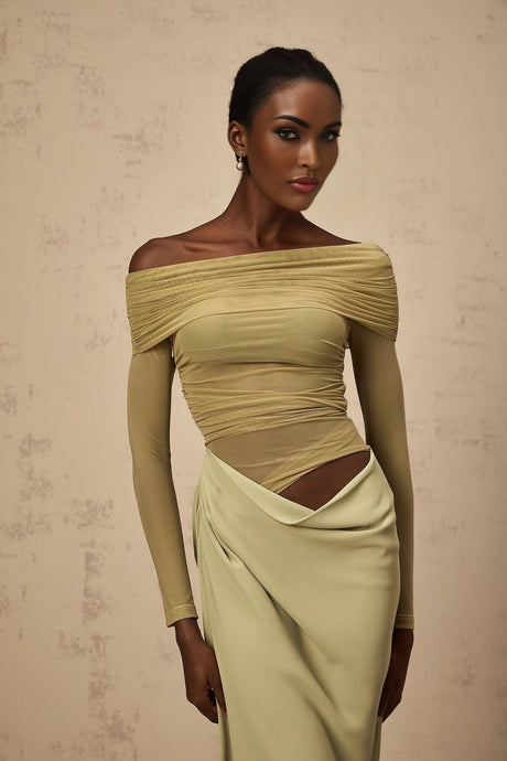 Iside Midi Dress Green Semi - sheer Off - shoulder & Tulle Detail