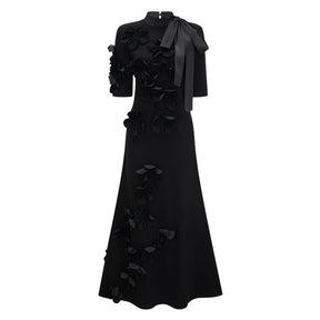 Isidora Black Bowknot Floral Appliqué Maxi Dress