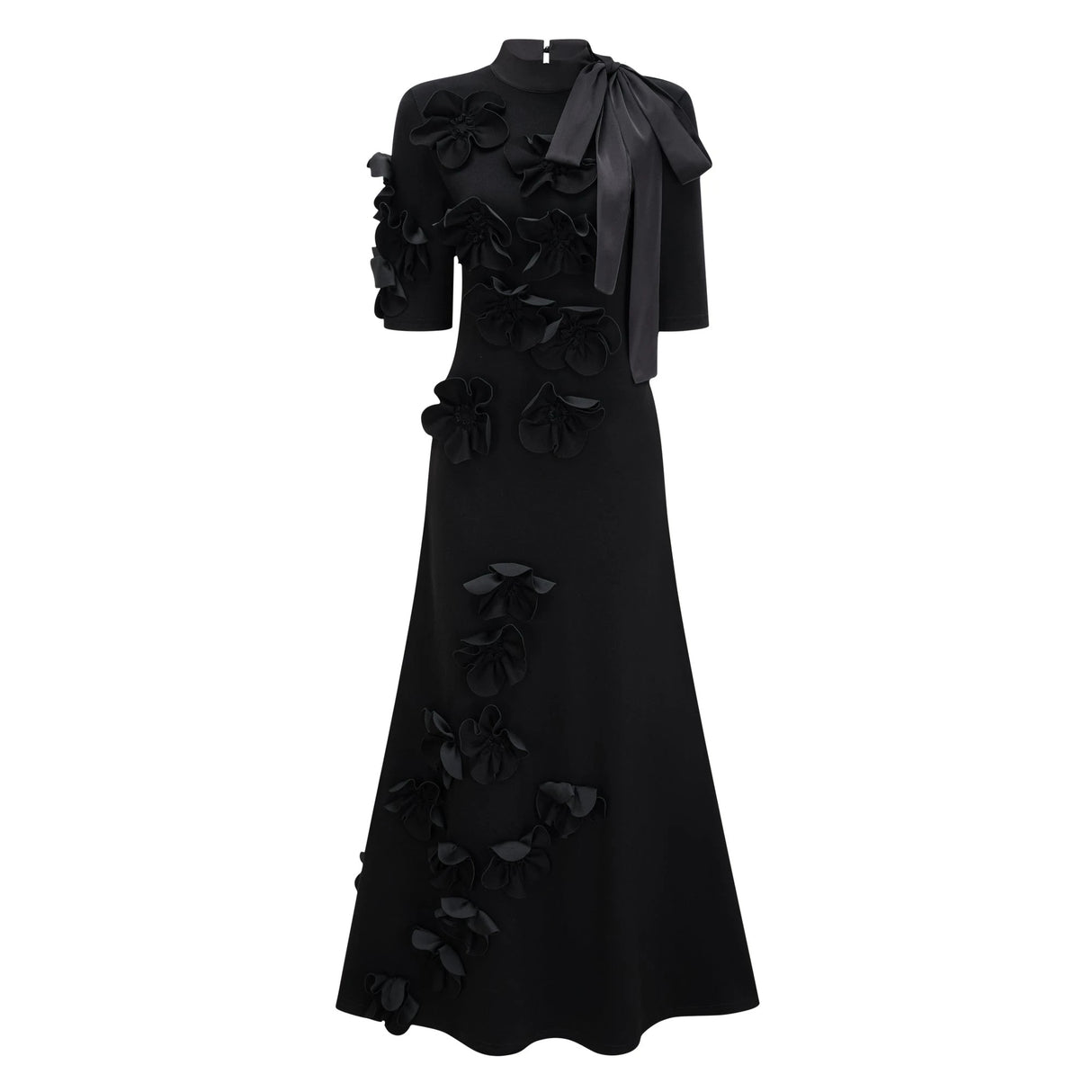 Isidora Black Bowknot Floral Appliqué Maxi Dress