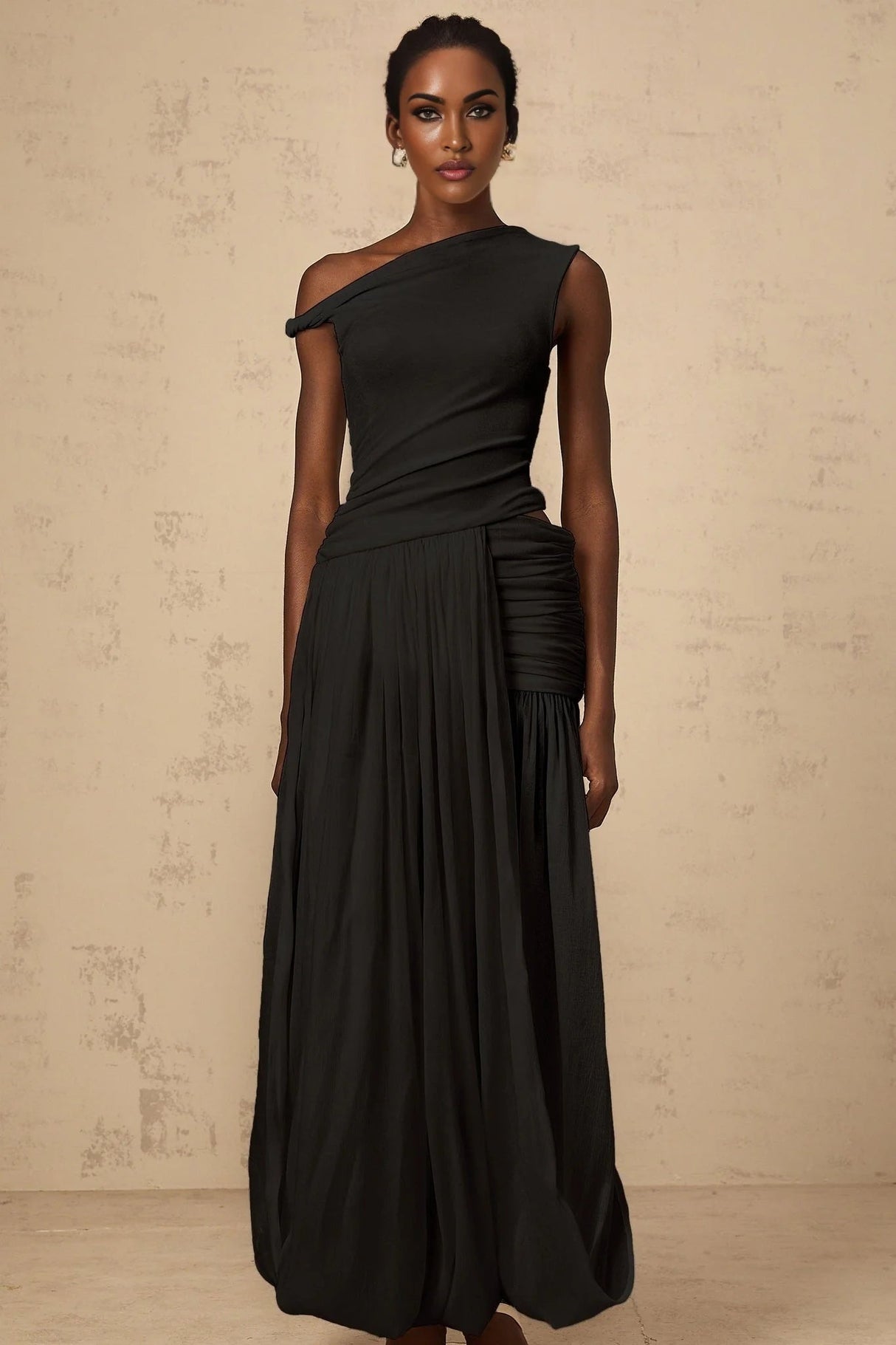 Isla Maxi Dress Black Mono - shoulder Cut - out & Side Slit