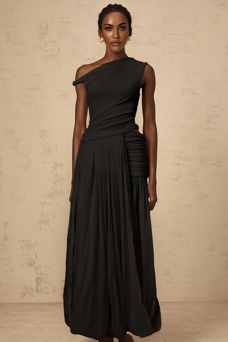 Isla Maxi Dress Black Mono - shoulder Cut - out & Side Slit