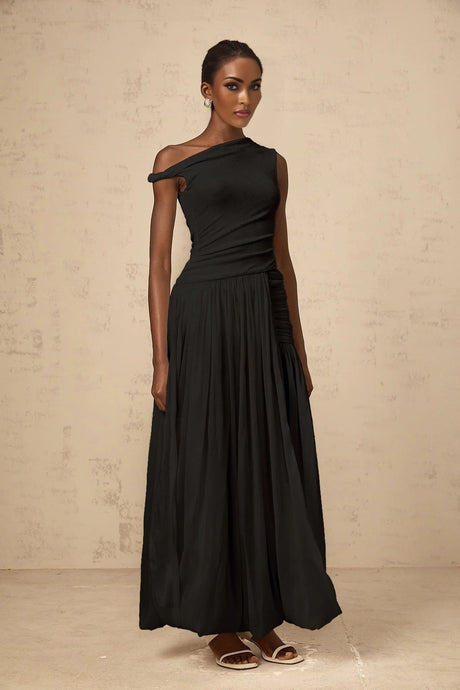 Isla Maxi Dress Black Mono - shoulder Cut - out & Side Slit