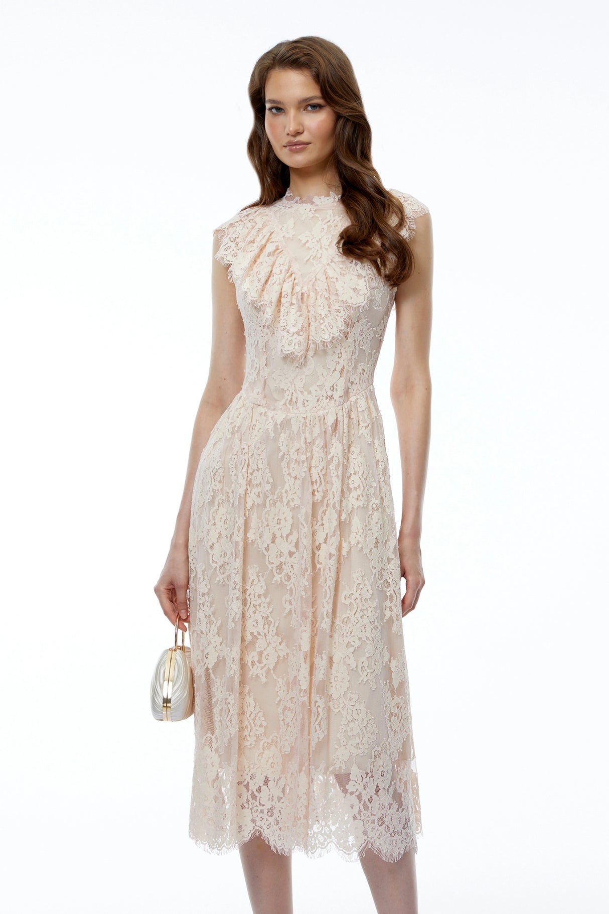 Isla Pink Sleeveless Ruched Midi Dress with Lace Trim