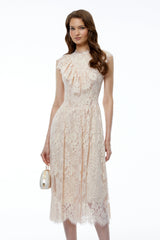 Isla Pink Sleeveless Ruched Midi Dress with Lace Trim