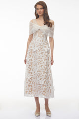 Isla White Cold Shoulder Midi Dress with Butterfly Applique