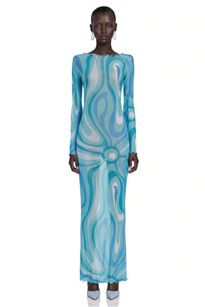 Ismeria Light Blue Printed Long Sleeve Maxi Dress