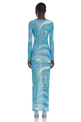 Ismeria Light Blue Printed Long Sleeve Maxi Dress