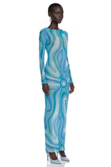Ismeria Light Blue Printed Long Sleeve Maxi Dress