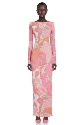 Ismeria Light Pink Printed Long Sleeve Maxi Dress