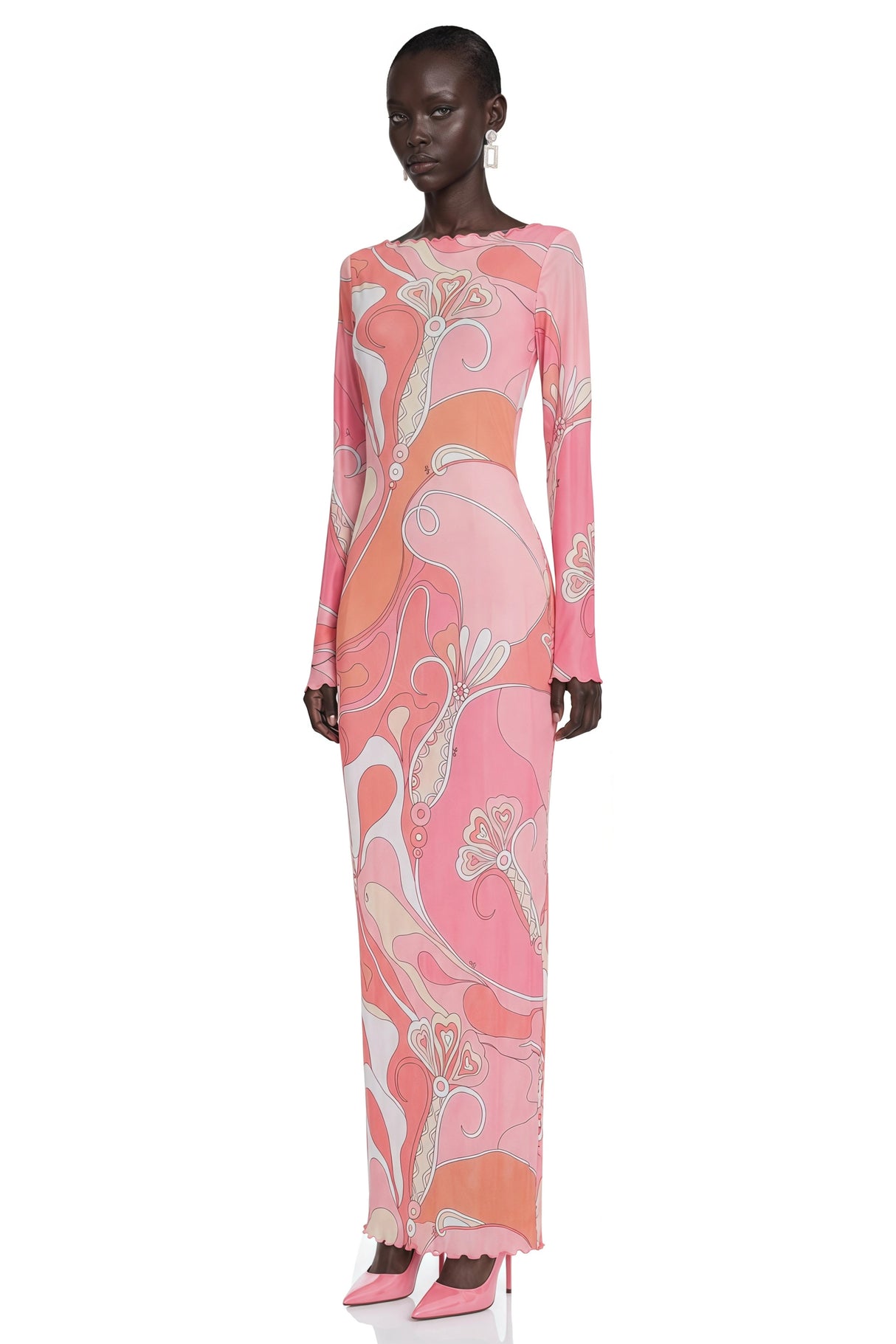 Ismeria Light Pink Printed Long Sleeve Maxi Dress