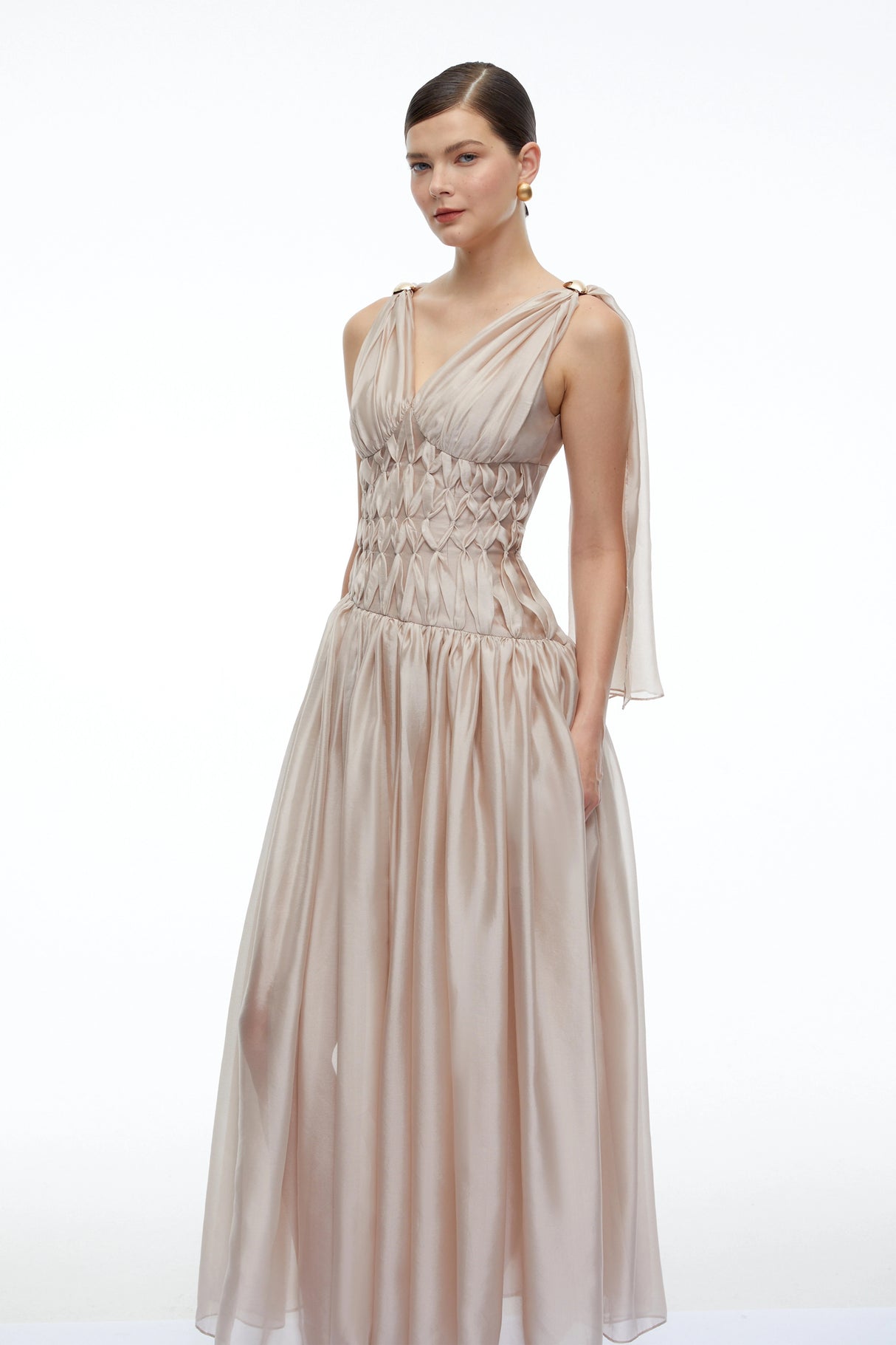 Ismerie Champagne VNeck Ruched Maxi Dress