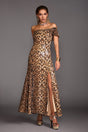 Ivana Beige Sequin Animal Print Off-the-Shoulder Maxi Dress