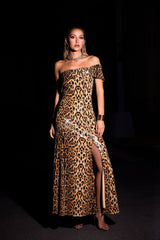 Ivana Beige Sequin Animal Print Maxi Dress