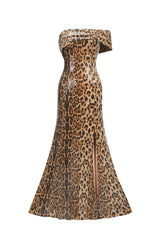 Ivana Beige Sequin Animal Print Maxi Dress