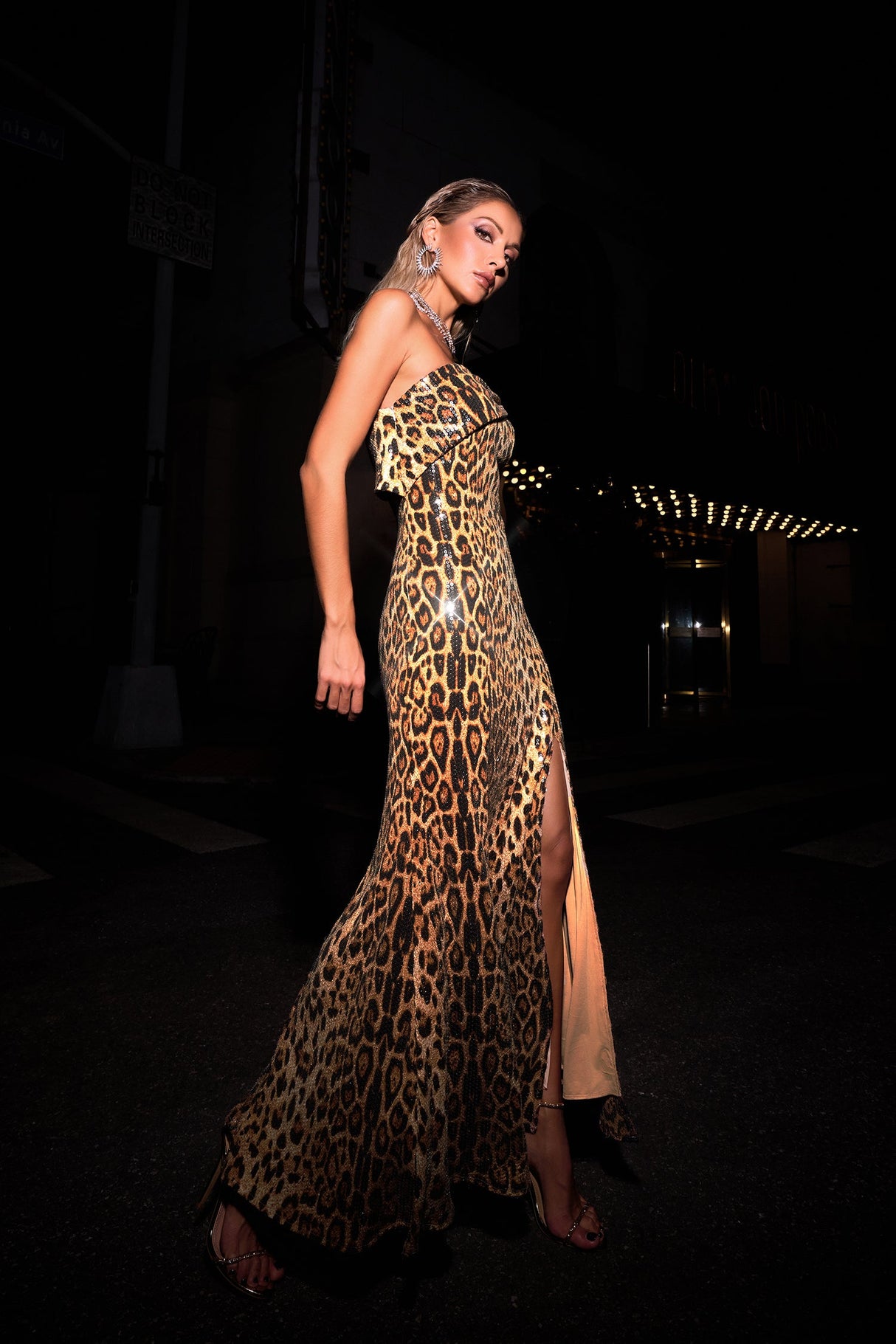 Ivana Beige Sequin Animal Print Maxi Dress