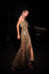 Ivana Beige Sequin Animal Print Maxi Dress