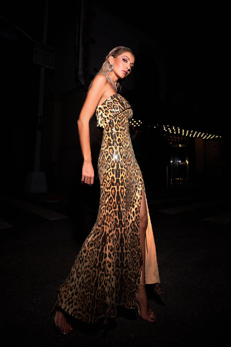 Ivana Beige Sequin Animal Print Maxi Dress