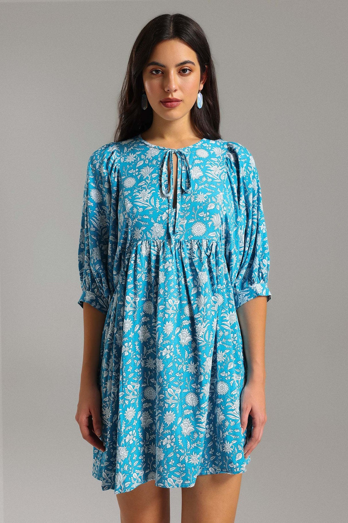 Ivana Blue Floral Mini Dress with Tie Neckline and Billowy Sleeves