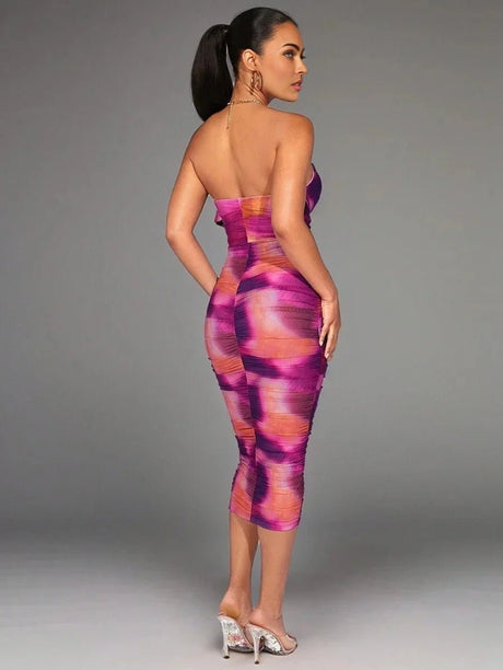 Ivana Midi Dress - Strapless Neckline - Night Out Style - Pencil Hem - Natural Waist - Elegant Tie Dye Design