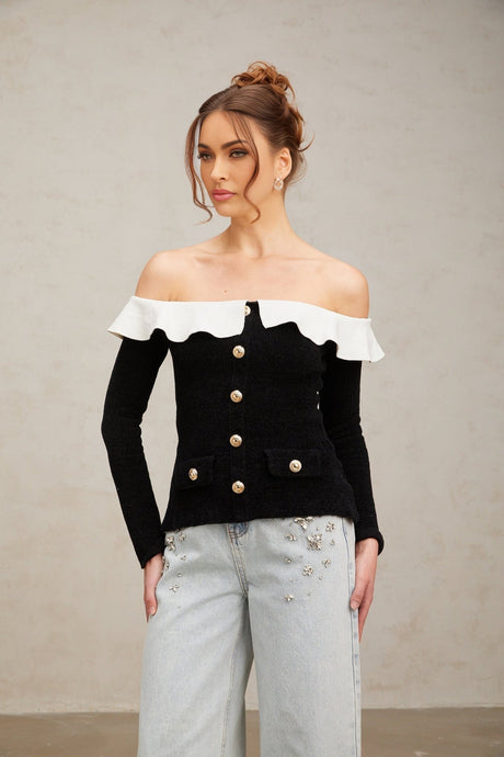 Ivana Top Black Off Shoulder Ruffled Velvet & Gold