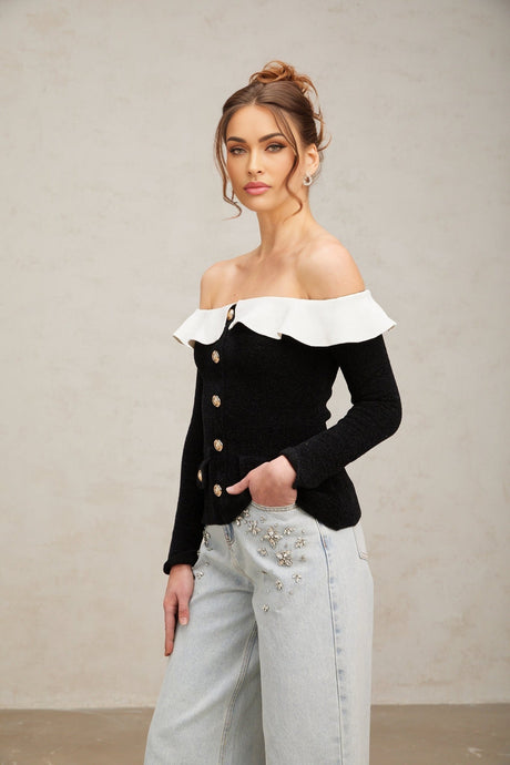 Ivana Top Black Off Shoulder Ruffled Velvet & Gold