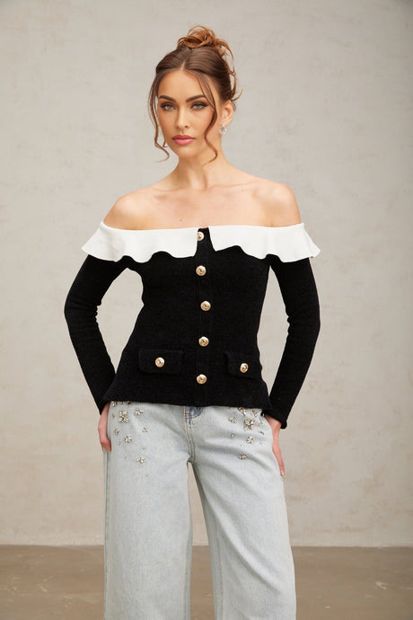 Ivana Top Black Off Shoulder Ruffled Velvet & Gold