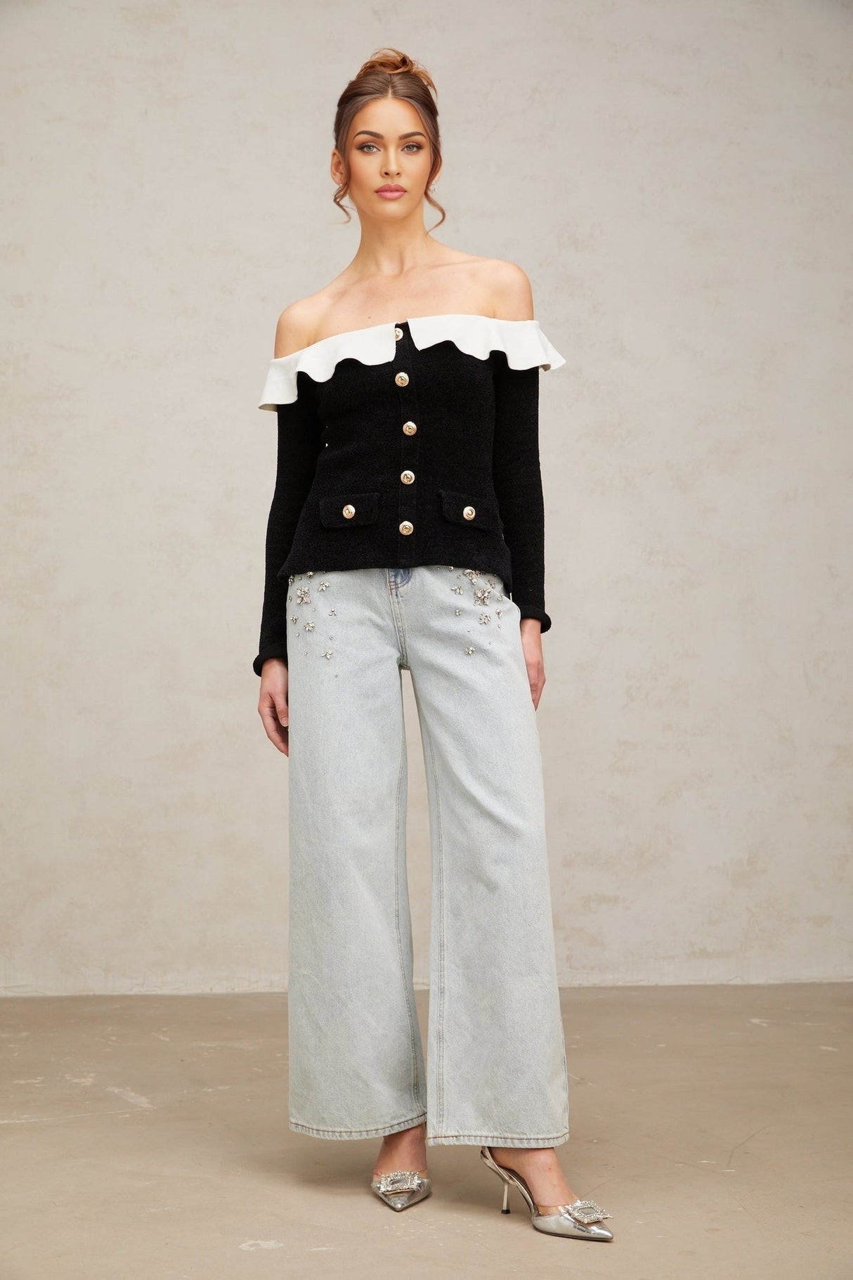 Ivana Top Black Off Shoulder Ruffled Velvet & Gold