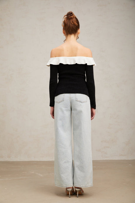 Ivana Top Black Off Shoulder Ruffled Velvet & Gold