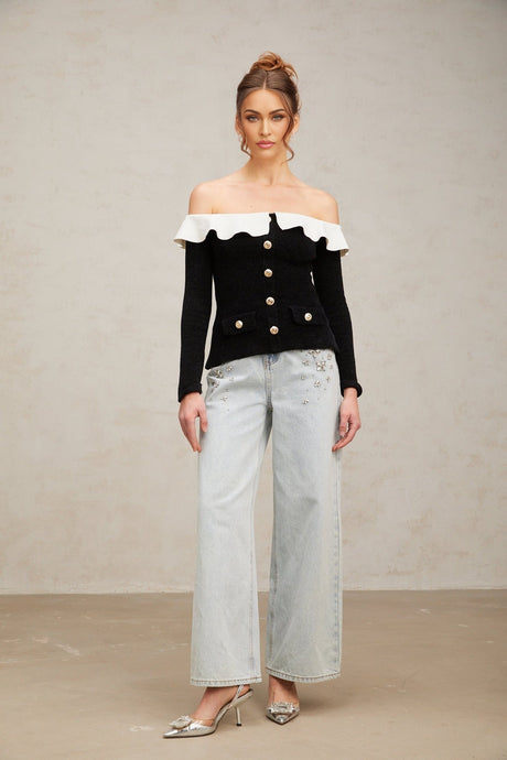 Ivana Top Black Off Shoulder Ruffled Velvet & Gold