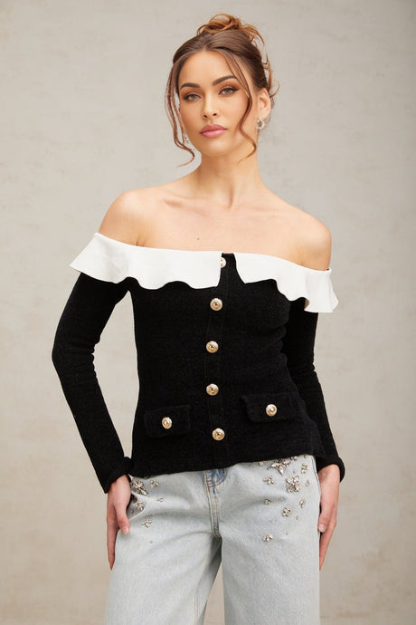 Ivana Top Black Off Shoulder Ruffled Velvet & Gold