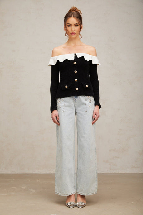 Ivana Top Black Off Shoulder Ruffled Velvet & Gold