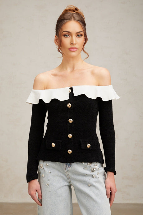 Ivana Top Black Off Shoulder Ruffled Velvet & Gold