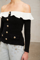Ivana Top - Off - the - shoulder Style - Long Sleeves - Velvet - Ruffled Trim