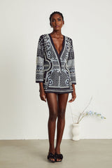 Ivanka Fashion Blazer - V Neck - Pattern Print - Faux - Pearl Embellishment - Contrast Colors - Mini Length