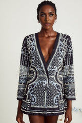 Ivanka Fashion Blazer - V Neck - Pattern Print - Faux - Pearl Embellishment - Contrast Colors - Mini Length