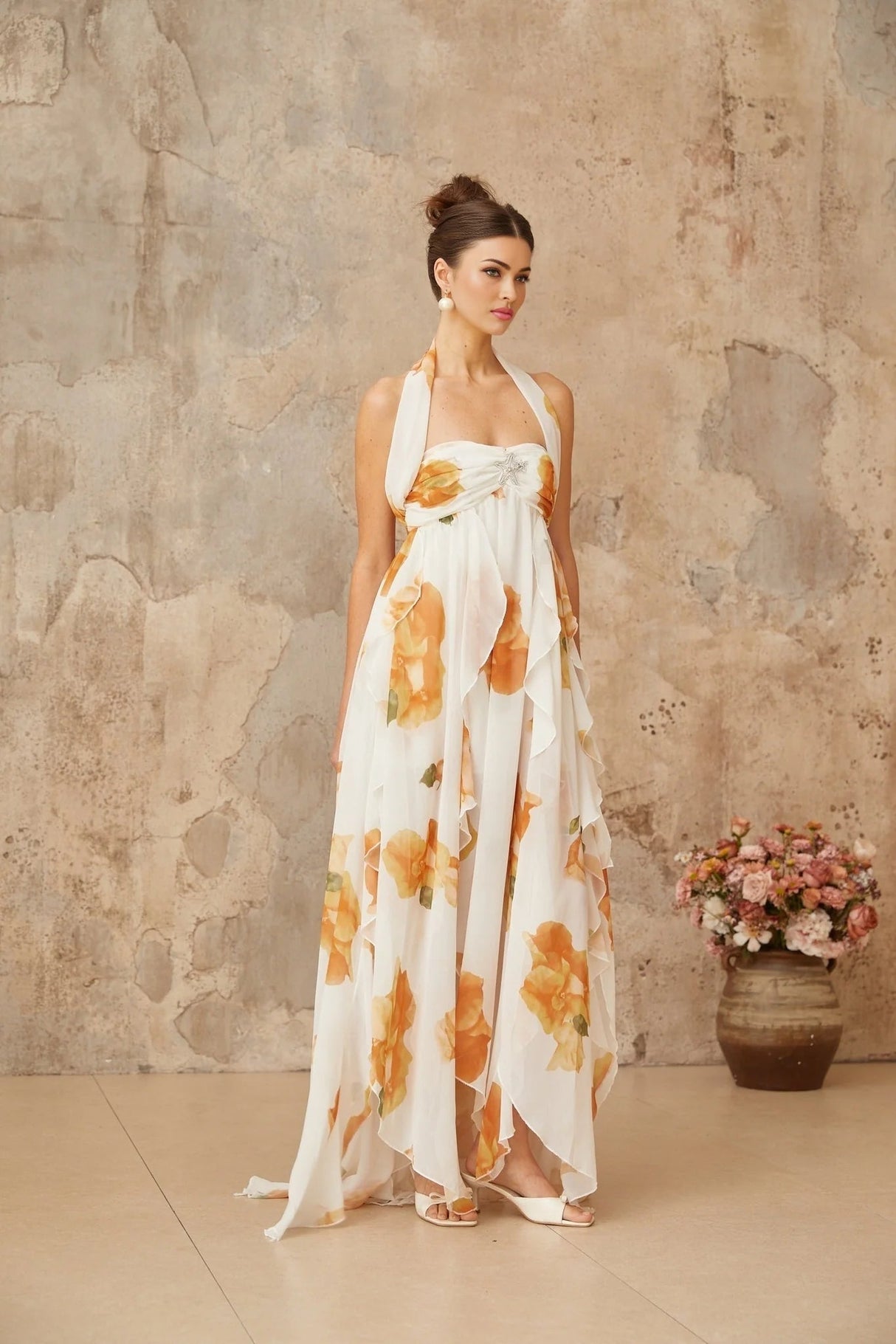 Ivanka Maxi Dress White Floral Ruffle Tulle Crystal Slit & Back Plaque