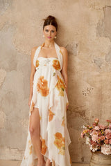 Ivanka Maxi Dress White Floral Ruffle Tulle Crystal Slit & Back Plaque