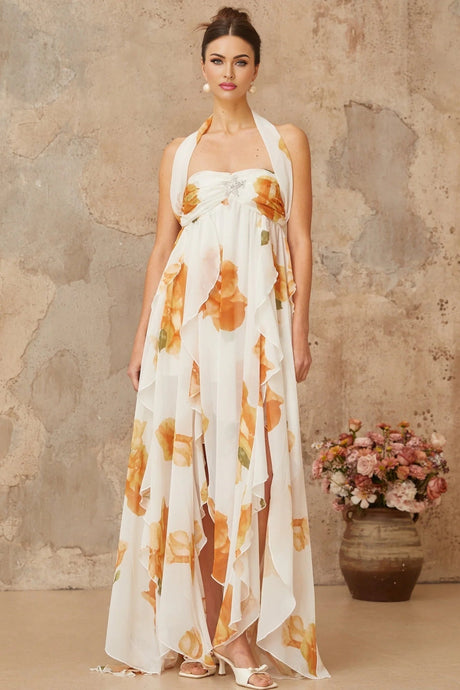 Ivanka Maxi Dress White Floral Ruffle Tulle Crystal Slit & Back Plaque
