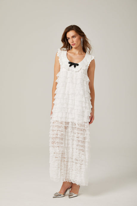Ivanna Midi Dress White Lace Trim Tiered Ruffles Bowknot Zip Fastening