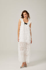 Ivanna Midi Dress White Lace Trim Tiered Ruffles Bowknot Zip Fastening