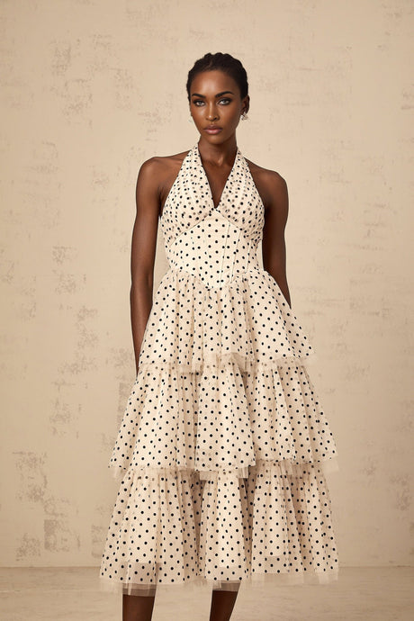 Ivory midi dress with polka dots and tiered skirt design