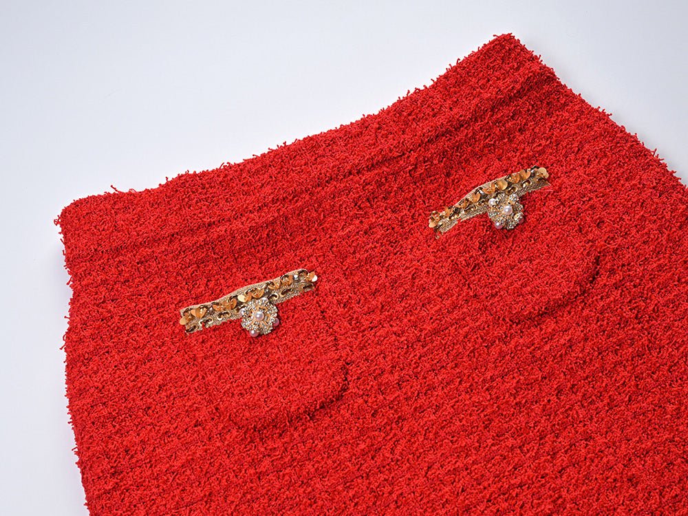 Jacket & Skirt Set - Elegant Tweed Texture - Embellishments - Figure - Flattering Fit - Sophisticated