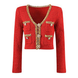 Jacket & Skirt Set - Elegant Tweed Texture - Embellishments - Figure - Flattering Fit - Sophisticated