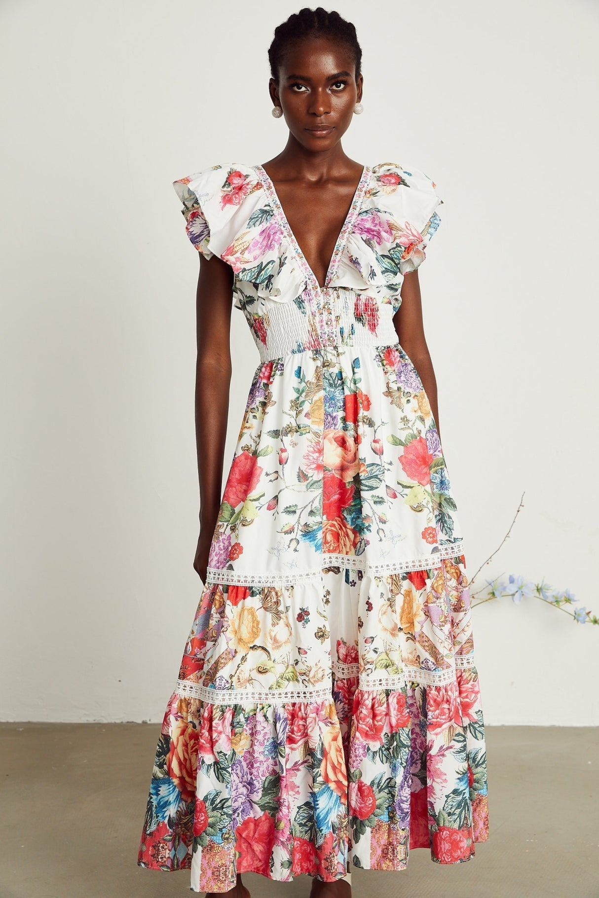 Jacqueline Floral Midi Dress Sleeveless with Ruffled Detailing & VNeck Style